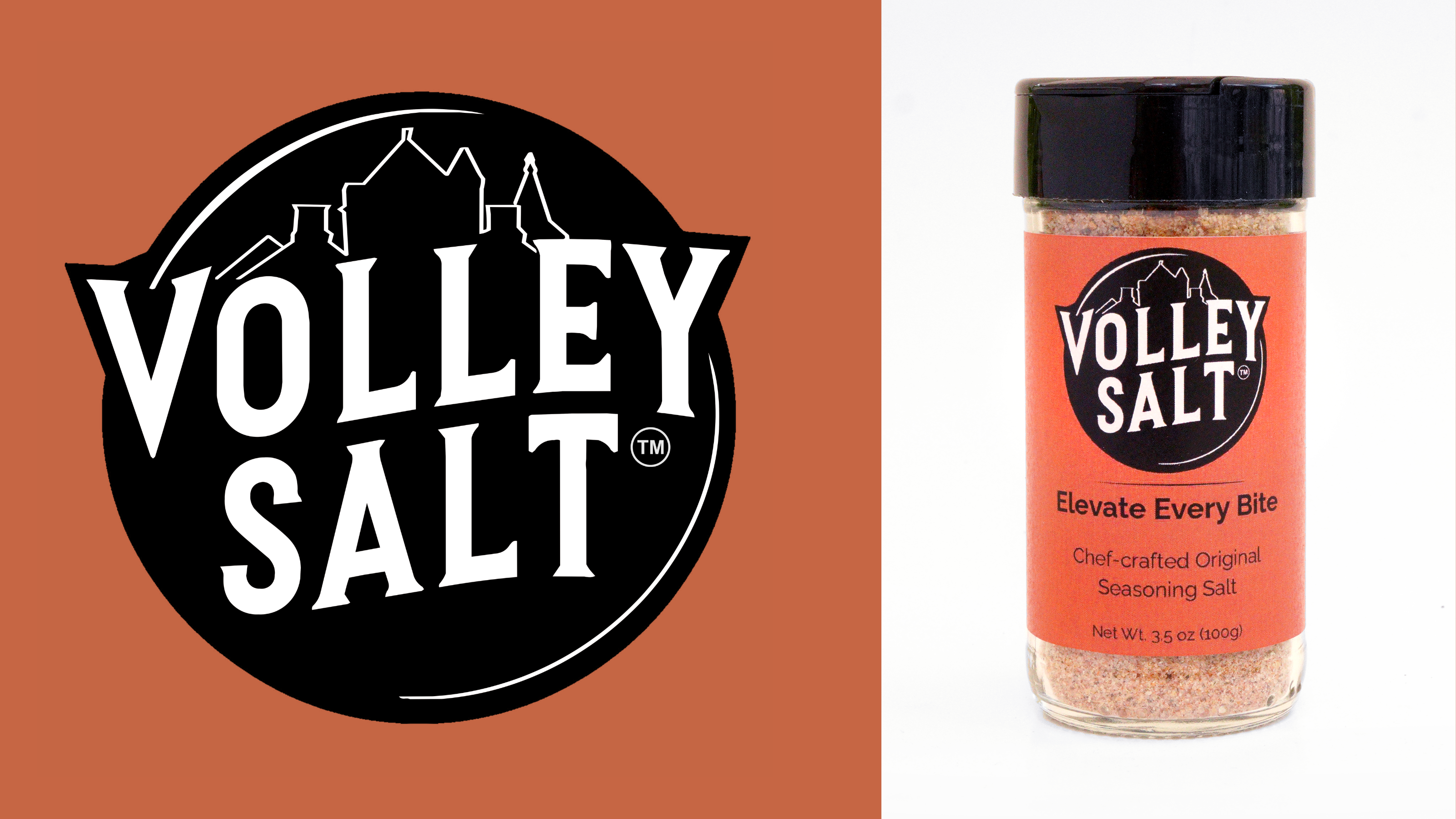 Volley Salt seasoning salt in a clear plastic shaker bottle with a black cap, shown next to the brand logo on an orange background.