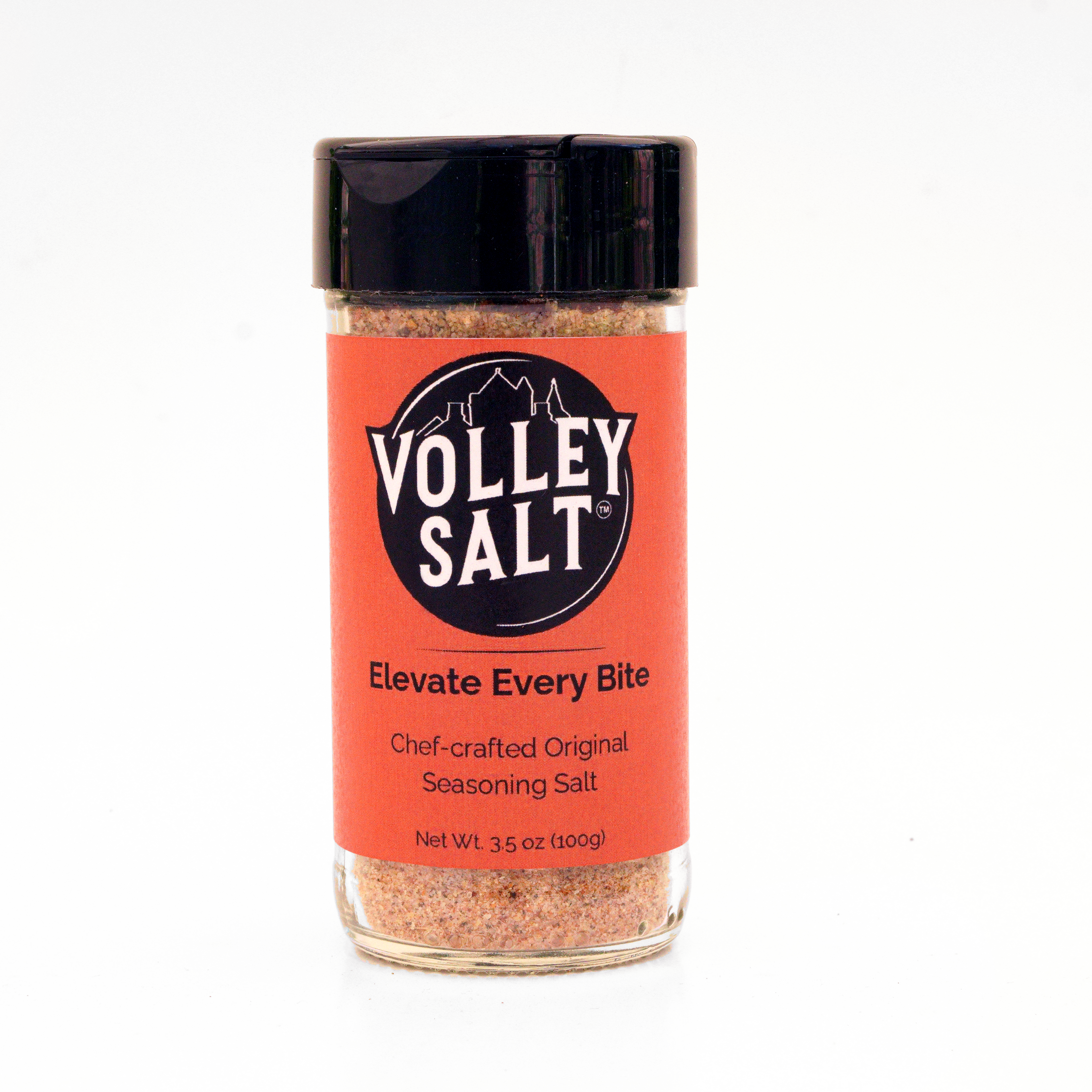 Volley Salt seasoning bottle with orange label and black lid on a white background